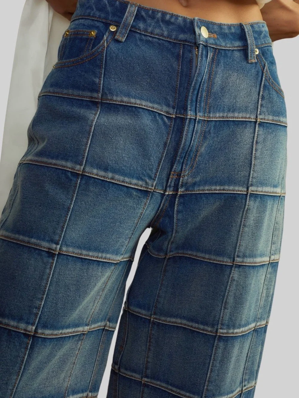 Cynthia Rowley Collection Window Pane Blue Patchwork Wide-Leg Jeans size 25. - Picture 3 of 10